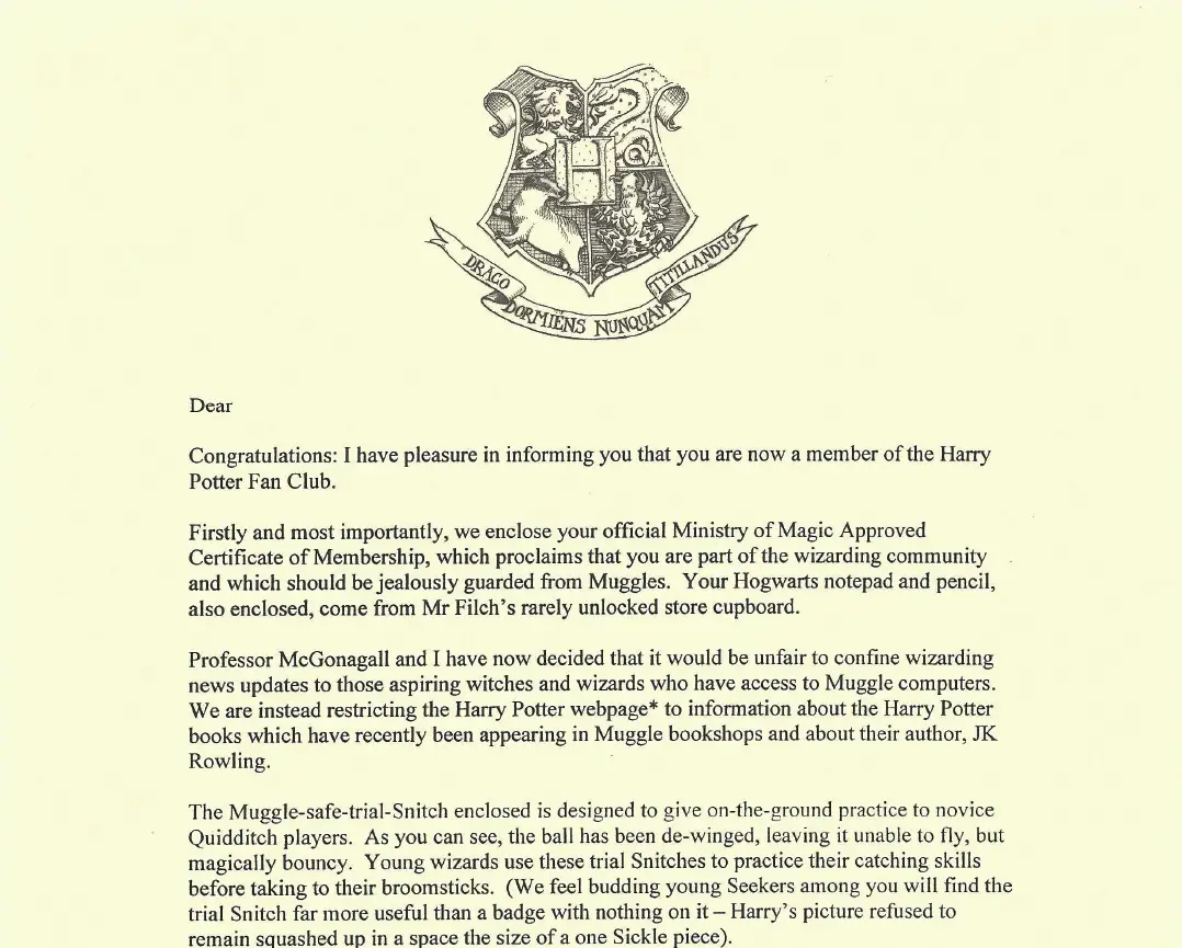 Harry Potter Fan Club membership letter