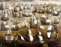 The Spanish Armada, attempting to invade England, is destroyed at sea