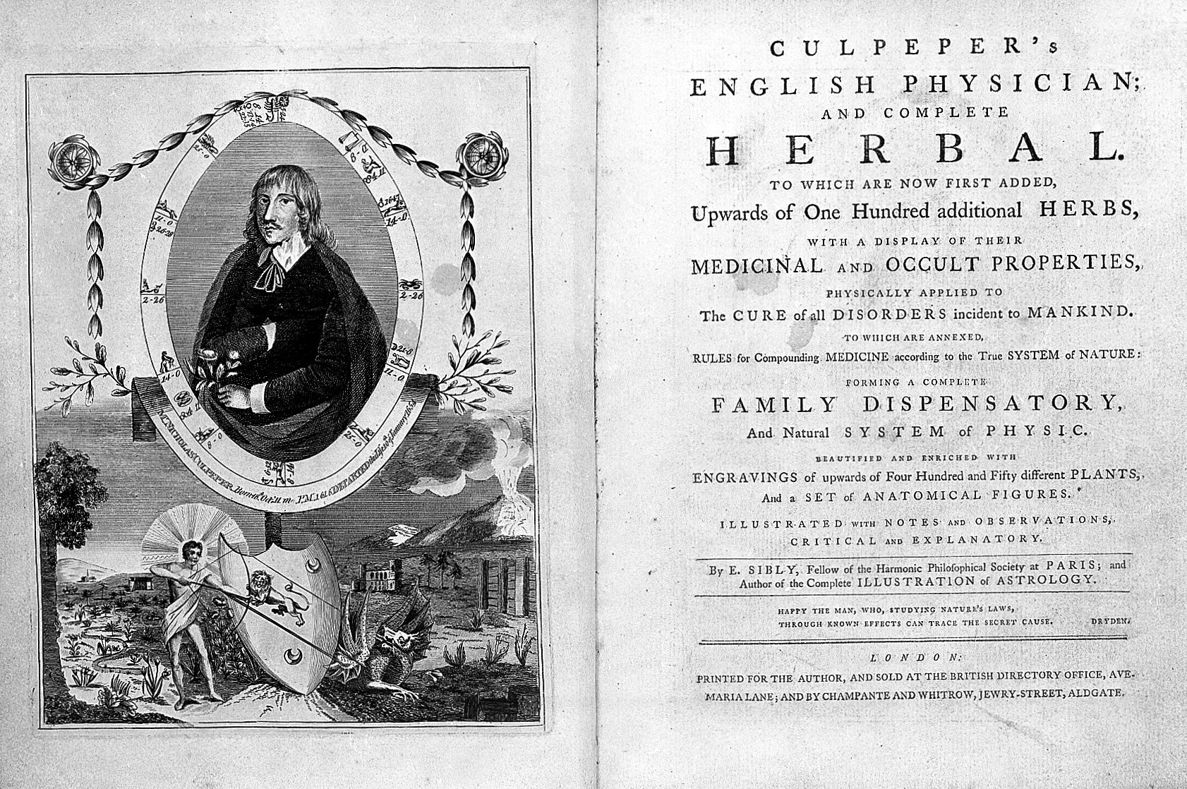 L0004048 Culpeper's English physician and complete herbal...1789
Credit: Wellcome Library, London. Wellcome Images
images@wellcome.ac.uk
http://wellcomeimages.org
Title page and frontispiece portrait from Culpeper's 'English physician...'
18th Century Culpeper's English physician; and complete herbal.
Nicholas Culpeper
Published: 1789

Copyrighted work available under Creative Commons Attribution only licence CC BY 4.0 http://creativecommons.org/licenses/by/4.0/