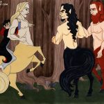 Centaurs and Harry Potter in forest.