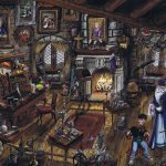 The painting shows Dumbledore's office, with Dumbledore and Harry.