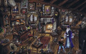 The painting shows Dumbledore's office, with Dumbledore and Harry.