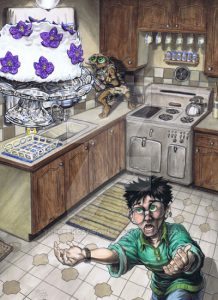 Harry and Dobby in the Dursley's kitchen.