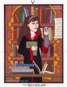 Hermione Granger surrounded by books.