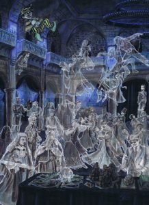 This painting depicts the Deathday Party from Chamber of Secrets.