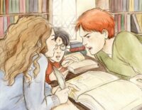 Sixth-years practice changing the color of their eyebrows, Ron and Hermione mock each other