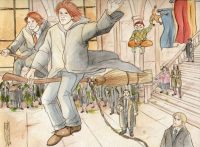 Fred and George fly away from Hogwarts into the sunset