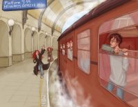 The three Potter children and their fellow students board the train for another year at Hogwarts The three Potter children and their fellow students board the train for another year at Hogwarts