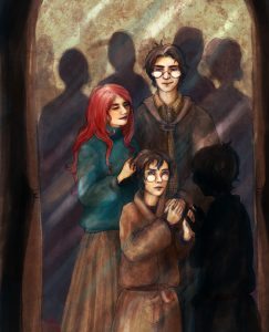 Harry with his parents in the Mirror of Erised.