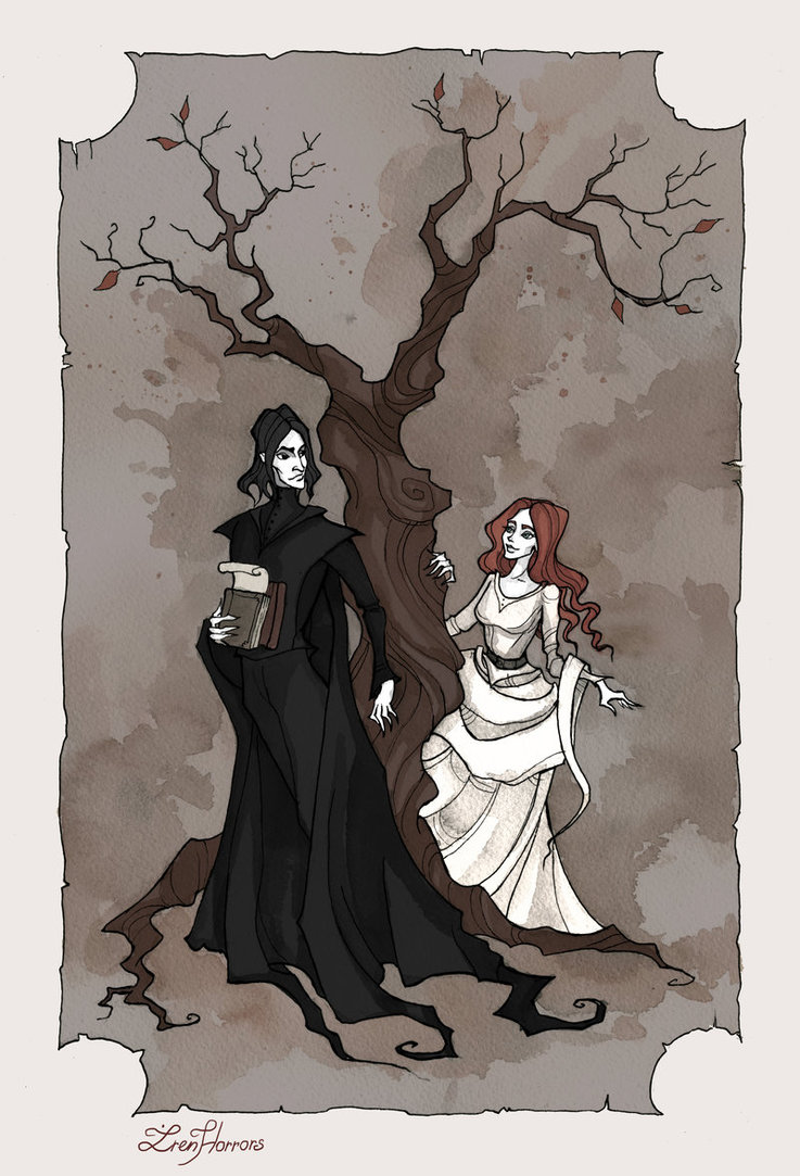 Gothic watercolor and ink of young Severus Snape in black robes and a cape holding school books and parchment standing in front of an autumn tree, turning to look at his friend Lily Evans with red hair dressed all in white on the other side of the tree.