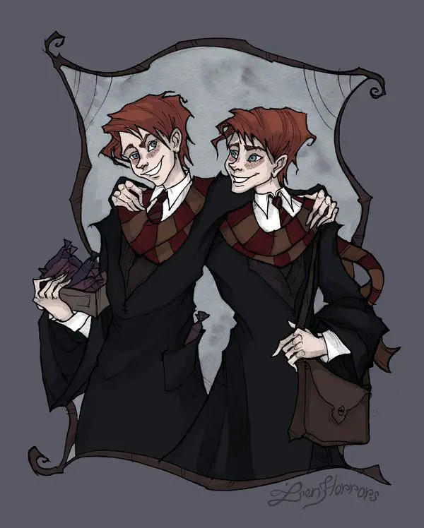 Ink and watercolor in the Gothic Style of the Weasley Twins, Fred and George, dressed in black Hogwarts robes and Gryffindor scarves in red and gold. One brother holds a box of wrapped candy while the other has a brown bag over his shoulder. 