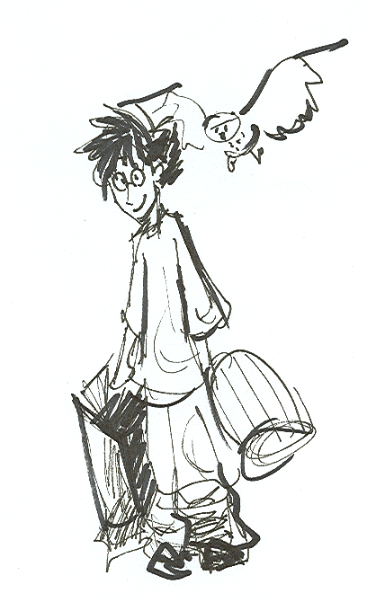 Harry with his stuff and Hedwi Harry with his stuff and Hedwi