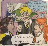 Ginny uses the Bat Bogey Hex on Zacharias Smith Ginny uses the Bat Bogey Hex on Zacharias Smith