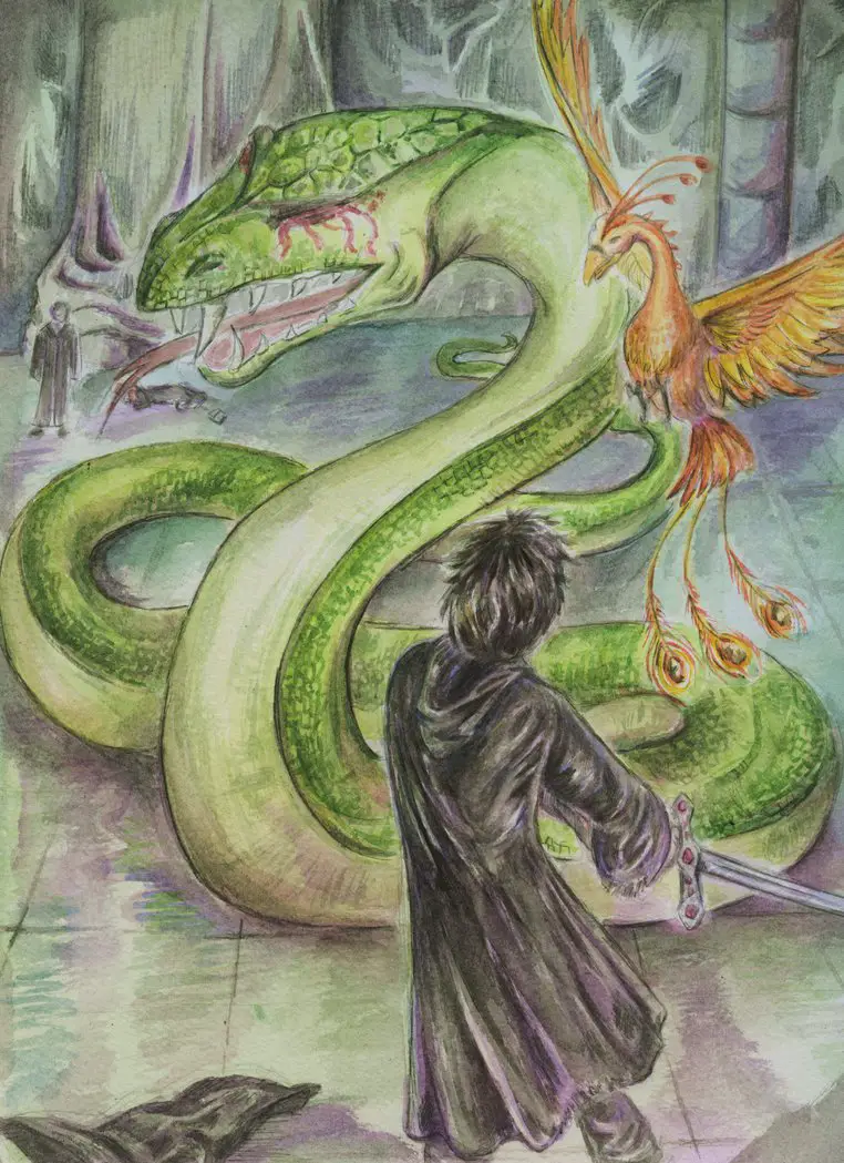 Harry Potter battles the Basilisk in the Chamber of Secrets