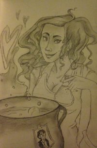 Romilda Vane gives Harry a box of Chocolate Cauldrons that contain love potion Romilda Vane gives Harry a box of Chocolate Cauldrons that contain love potion