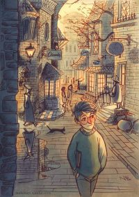 Harry stays at the Leaky Cauldron and spends his days in Diagon Alley