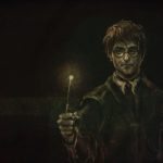 Harry holding a lit-up wand.