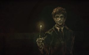 Harry holding a lit-up wand.