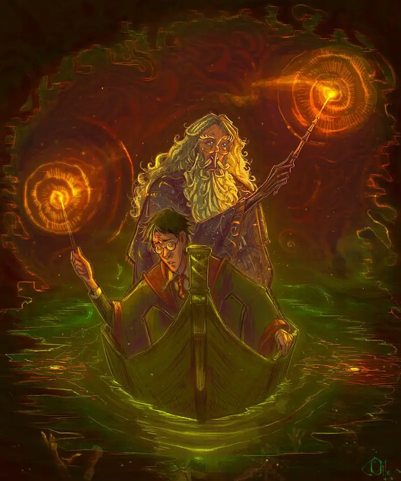 Harry and Dumbledore in the Sea Cave Boat