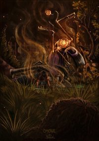 The flying motorbike, with Hagrid and Harry aboard, crashes into a pond behind Ted Tonks’s house The flying motorbike, with Hagrid and Harry aboard, crashes into a pond behind Ted Tonks’s house