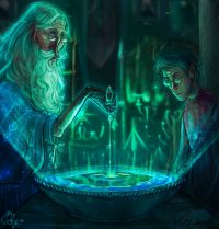 Late at night, Harry and Dumbledore view Slughorn’s true memory