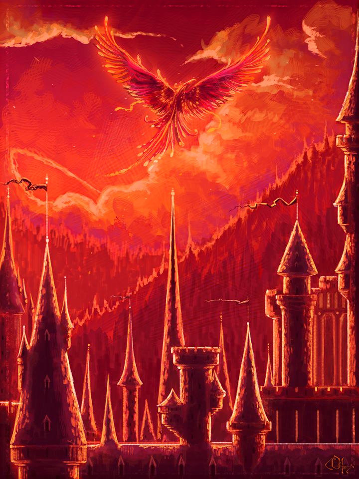 Fawkes above Hogwarts