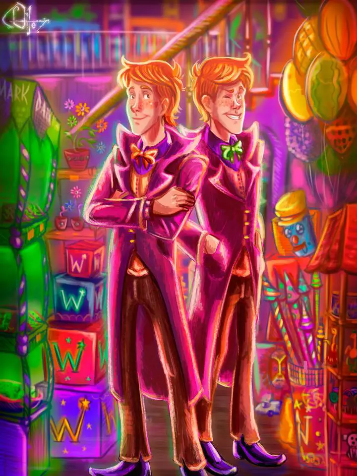 Fred and George Weasley in their shop