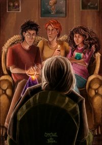 Scrimgeour visits the Burrow to give Harry, Ron, and Hermione Dumbledore’s bequests Scrimgeour visits the Burrow to give Harry, Ron, and Hermione Dumbledore’s bequests