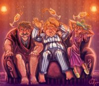 Dumbledore chats with the Dursleys in their living room Dumbledore chats with the Dursleys in their living room