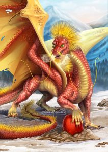 Chinese Fireball Dragon protecting her egg.