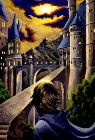 Harry looking at sunset over Hogwarts.