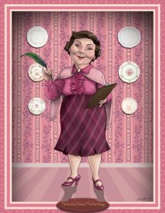 Dolores Umbridge, with quill and clipboard.