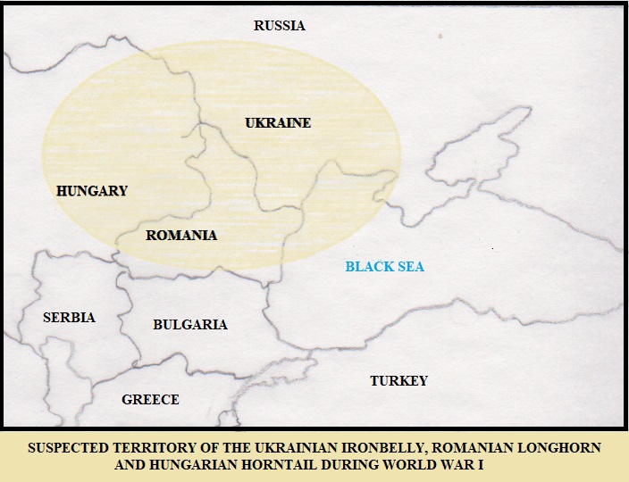 EASTERN FRONT Suspected territory of the Ukrainian Ironbelly, Romanian Longhorn and Hungarian Horntail during World War I.