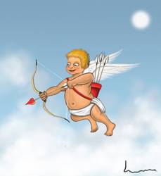 Cupid about to shoot bow and arrow.