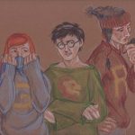 Ginny, Harry and Ron in homemade jumpers.