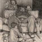 Hagrid with Harry and Dursleys.